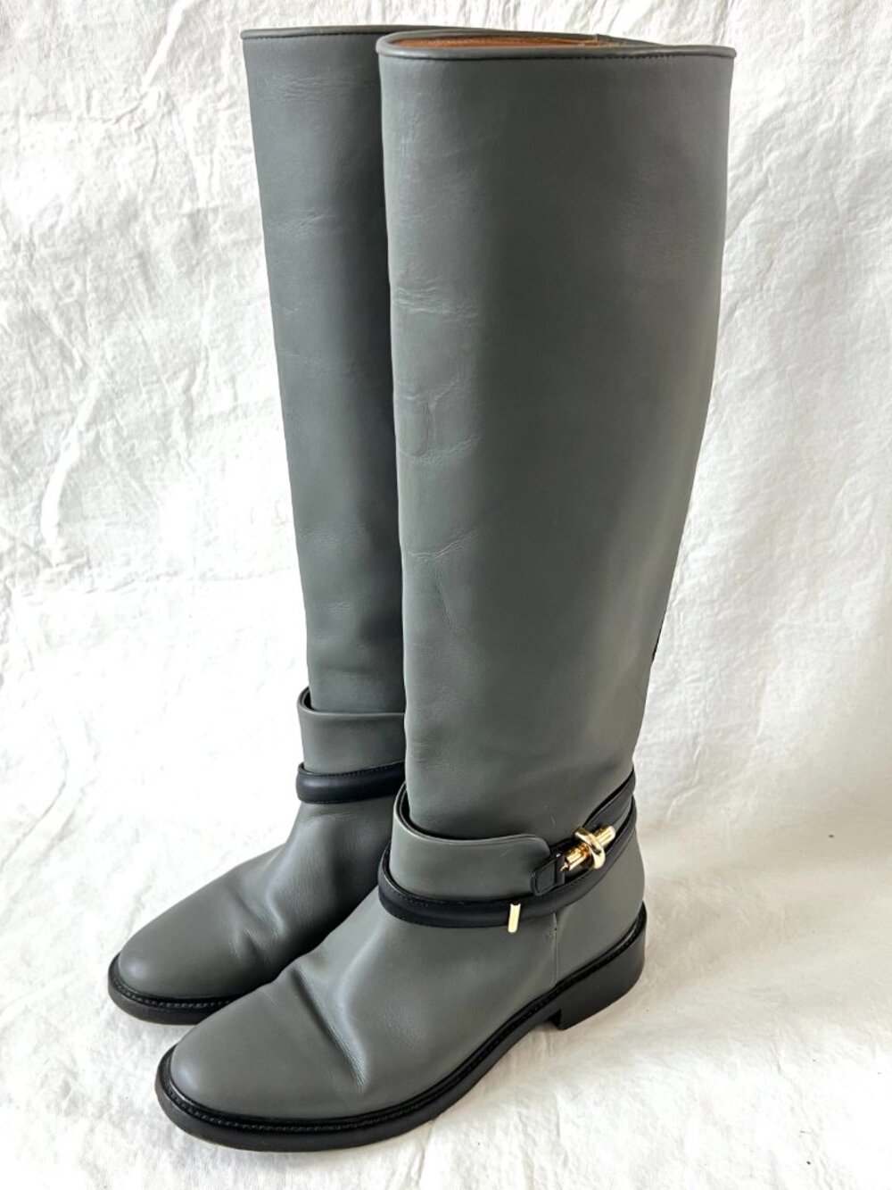 Balenciaga riding boots gray leather knee high 39 9 womens pull on black harness - Picture 3 of 15